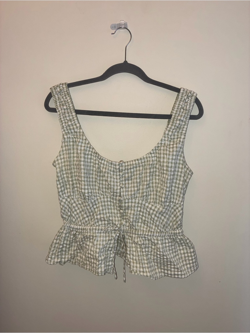 Guess Green & White Gingham Tie-Front Peplum Crop Top